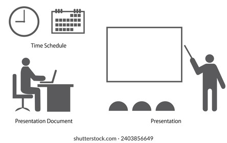Pictogram-like vector illustration of a person preparing materials and a person giving a presentation