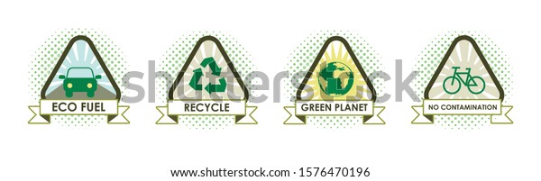 Pictograms of care of the planet. Warning icons\
of ecological gasoline, green planet, no pollution and recycling.\
Editable Vector.