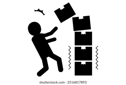 Pictograms of caution against collapsing cargo, people under collapsing corrugated cardboard, safety signs, danger, and alerts, Vector Illustration