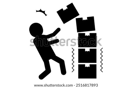 Pictograms of caution against collapsing cargo, people under collapsing corrugated cardboard, safety signs, danger, and alerts, Vector Illustration