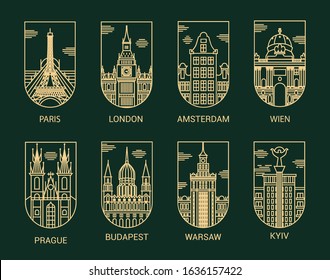 Pictograms collection of European capitals. Paris, London, Amsterdam, Wien, Prague, Budapest, Warsaw, Kiev. Clipart. Tourism.