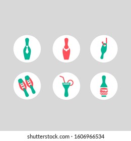Pictograms for communication in bowling. Bright skittles that indicate wardrobe, toilet, bar and cafe. Funny vector pictures for children and their parents.