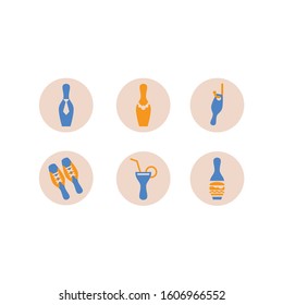 Pictograms for communication in bowling. Bright skittles that indicate wardrobe, toilet, bar and cafe. Funny vector pictures for children and their parents.