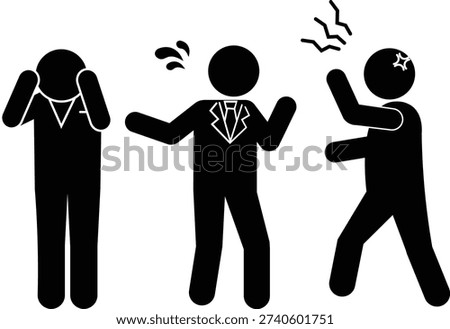 Pictograms of a complaining customer, a frightened store clerk, and a boss intervening (response to customer harassment)