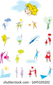 Pictograms describing things that happened on a trip. Collage with geometric details, accentuated by vectorized pen strokes. Woman in the Cloud, Dancing, Flying, Beach Flying, Love, Confidence, Desire ...