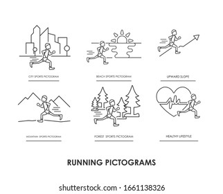 Pictograms of different sports scenes. Icon of a runner through the mountain, through the forest, on the beach, in the city, with ascending slope and heart rate. Line and stroke image.