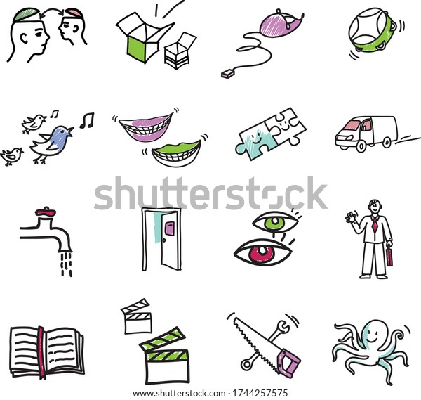 Pictograms of household items, cars, musical\
instruments, octopus, human, eyes, lips, face, head, puzzle, water\
tap, door, book, saw drawn with a black line and tinted with color\
on a white\
background