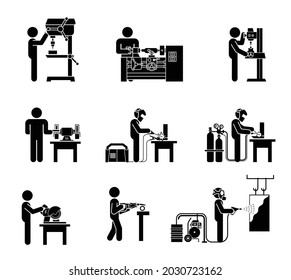 Pictograms Icon collection of electric machine tools  for metal, plastic. Machines used in production in various types of industry.  