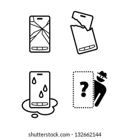 Pictograms / icons of mobile phone damage: cracked screen, broken case, water damage, and theft/loss.