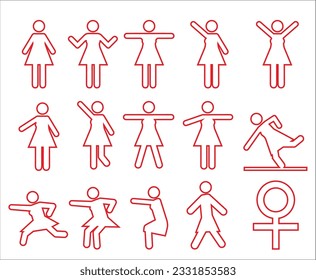 Pictograms and icons of various poses of the female body drawn with thick lines.
