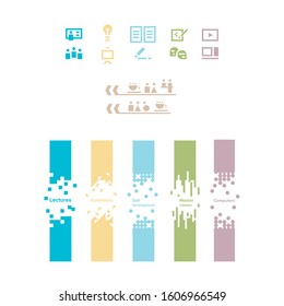 Pictograms and information stands for a communication training complex. Bright icons that indicate classes, classrooms, assembly hall, science, projects. Simple vector pictures for students and school