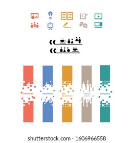 Pictograms and information stands for a communication training complex. Bright icons that indicate classes, classrooms, assembly hall, science, projects. Simple vector pictures for students and school