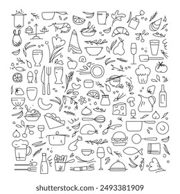 pictograms, kitchen, restaurant, food, vector symbols, recipe, black and white, market, vegetable garden, fruit, vegetable, drink, condiment, herb, utensil, cook, vector, editable, drawing, icon