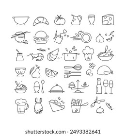 pictograms, kitchen, restaurant, food, vector symbols, recipe, black and white, market, vegetable garden, fruit, vegetable, drink, condiment, herb, utensil, cook, vector, editable, drawing, icon