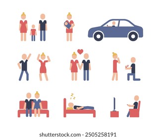 Pictograms with motifs of people, families. Man and woman, wife, husband, children, kid, car concept icons. Family love set.