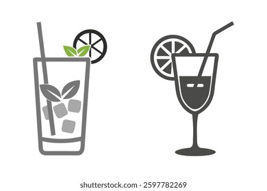 Pictograms of party cocktails with outlined minimal drinking glass with a lemon slice icons vector illustration.