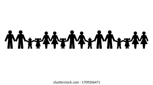 Pictograms of people holding hands, standing in a row. Abstract symbols of connected men, women and children expressing friendship, love and harmony. We are one world. Illustration over white. Vector.