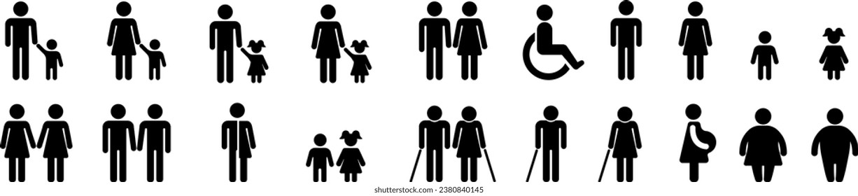 Pictograms people. Icons of children, adults and the elderly. LGBT pictograms .Family Icons set on isolated white background. Vector EPS 10