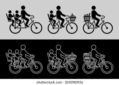 Pictograms of a person carrying their children seated on the back of a bicycle - images in black silhouettes or in white lines. 