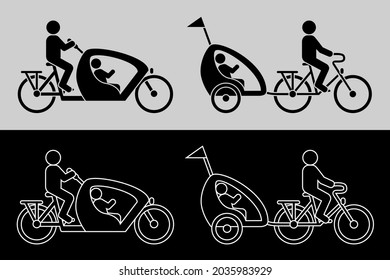 Pictograms of a person carrying their children on a pushchair bicycle - 2 models available in black silhouettes or in white lines. 