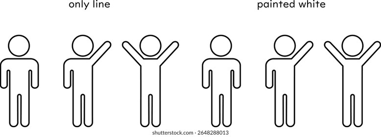 Pictogramas de uma pessoa com as mãos para baixo e uma ou ambas as mãos levantadas
