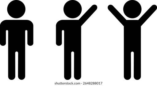 Pictogramas de uma pessoa com as mãos para baixo e uma ou ambas as mãos levantadas