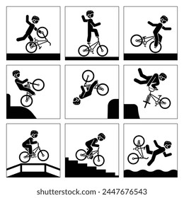 Los pictogramas representan la realización de acrobacias con bicicleta. Iconos del deporte de adrenalina extrema.