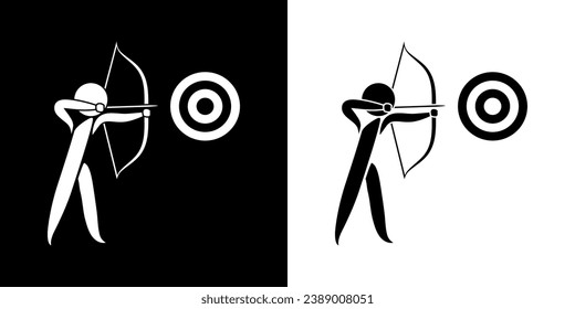 Pictograms representing an archer aiming at a target, one of the disciplines of sports shooting competitions.