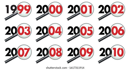 Pictograms representing the decade of the 2000s seen through a magnifying glass to symbolize the assessment and analysis of events.