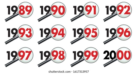 Pictograms representing the decade of the 90s seen through a magnifying glass to symbolize the assessment and analysis of events.