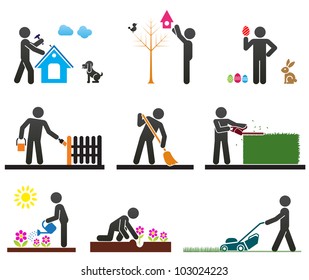 Pictograms representing people doing different backyard work