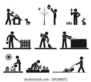 Pictograms representing people doing different backyard work