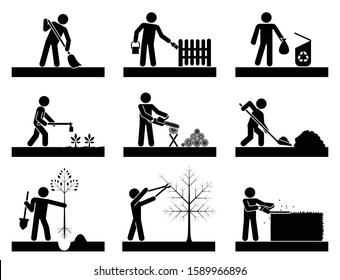 Pictogramas que representan personas que realizan diferentes trabajos en el patio trasero. Presentación de conjunto de iconos 
limpieza, pintura, jardinería, plantación de árboles, poda de frutas, preparación de calefacción.
