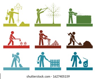 Pictograms representing people doing different backyard work. Icon set presenting cleaning, painting, gardening, tree planting, fruit pruning, heating preparation.

