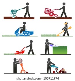 Pictograms representing people doing field and backyard jobs with machines