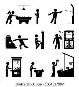 Pictograms representing people playing games. Various types of having fun in gaming center and amusement parks. 
