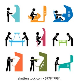 Pictograms representing people playing games. Various types of having fun in gaming center. 