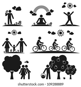 Pictograms representing people spending time in nature in different ways