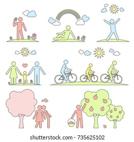 Pictograms representing people spending time in nature in different ways.