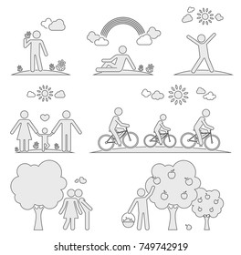 Pictograms representing people spending time in nature in different ways.