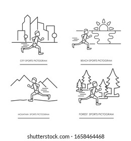 Pictograms of sport scenes. Icon of a corridor through different scenarios, running along the beach, through the city, through the forest and through the mountains. Line and stroke image.