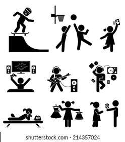 Pictograms of teenagers having fun. Vector set of flat icons.