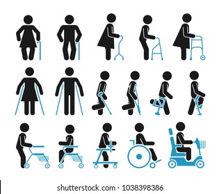 Pictogramas que representan a personas discapacitadas, mayores y lesionadas que utilizan accesorios ortopédicos y silla de ruedas para ayudarles a moverse.