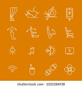Pictograms for touristic bus. Icon set about properties of transfer. Transport thine line icons
