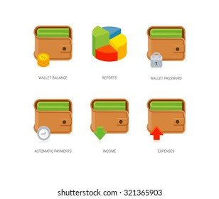 Pictograms for wallet balance, reports, password, automatic payments. Mobile UI kit. Set of flat vector icons for wallet app, infographics or websites