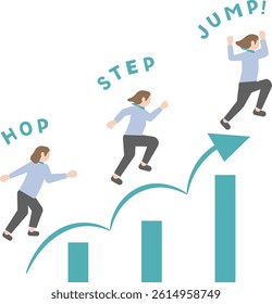 Pictogram-style business woman illustration set of step up, level up, skill up, jump up, growth image