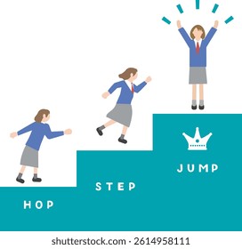 A pictogram-style illustration set of female students with images of stepping up, leveling up, skill improvement, jumping up, and growth