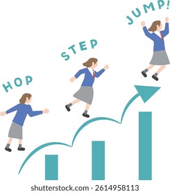 A pictogram-style illustration set of female students with images of stepping up, leveling up, skill improvement, jumping up, and growth