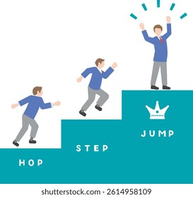 A pictogram-style illustration set of male students with images of stepping up, leveling up, skill improvement, jumping up, and growth