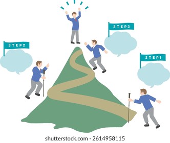 A pictogram-style illustration set of male students with images of stepping up, leveling up, skill improvement, jumping up, and growth
